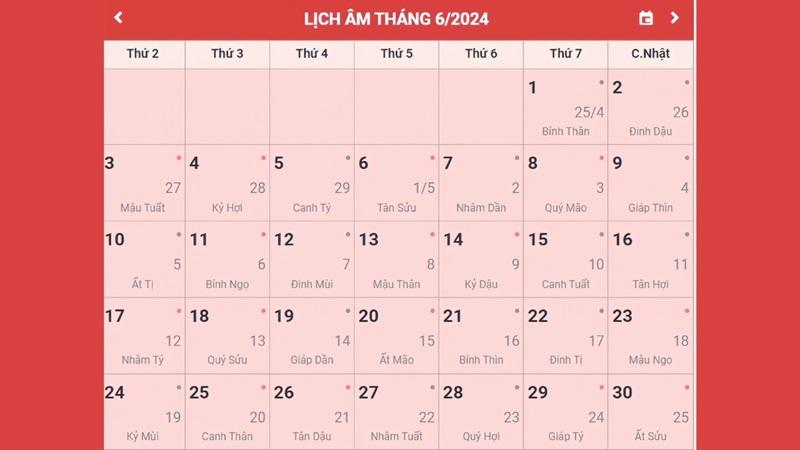 Lịch âm tháng 6 năm 2024